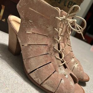 Paul Green Metallic Cayenne Blush Leather Cosmo Lace Up Open Toe Heeled Booties